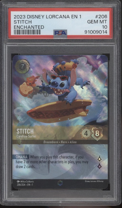 Stitch Carefree Surfer Disney Lorcana The First Chapter Enchanted #206 PSA 10